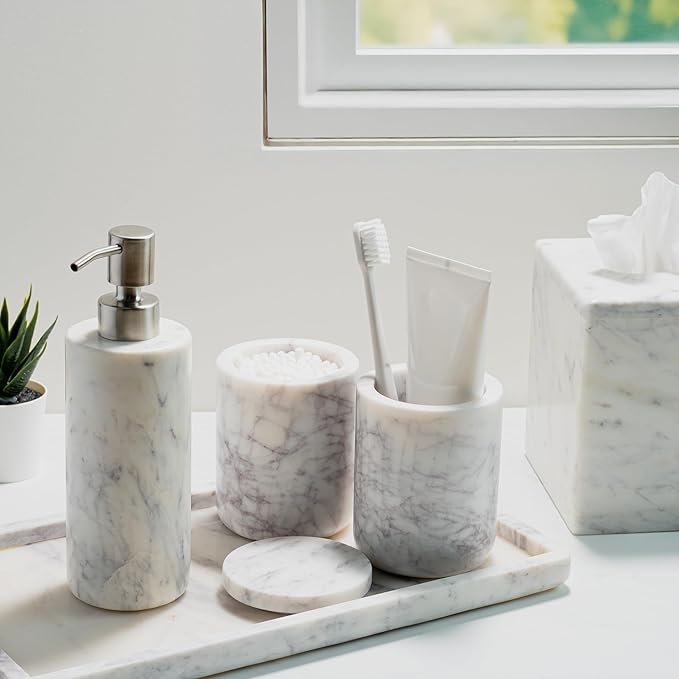 Cork & Mill Marble Bathroom Container with Lid - Holder for Qtip Swabs, Cotton Balls, Pads, Rounds, or Floss Picks - White Apothecary Jar for Q Tips - Canister for Organizing Bathroom Counter Vanity