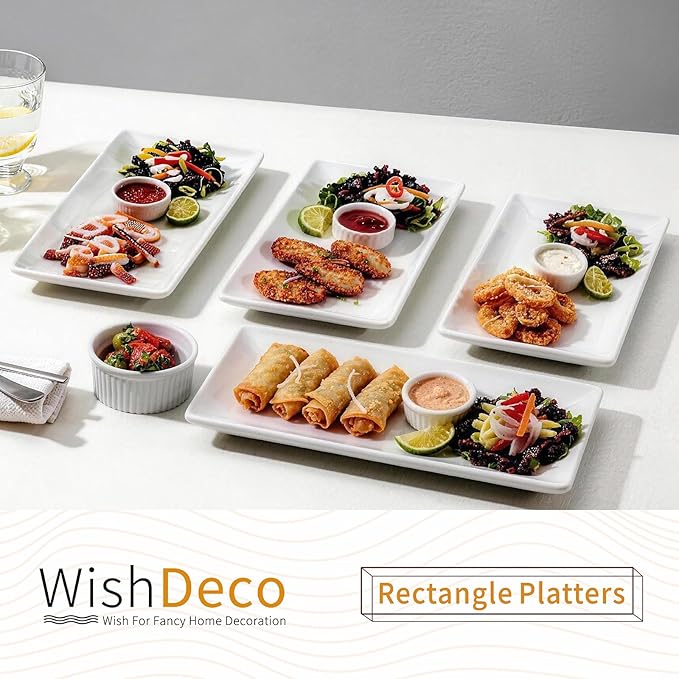 Ceramic Serving Platters Set of 4, Rectangle Serving Trays 12 inch, White Serving Plates, Long Platter for Cake, Steak, Sushi, Appetizer