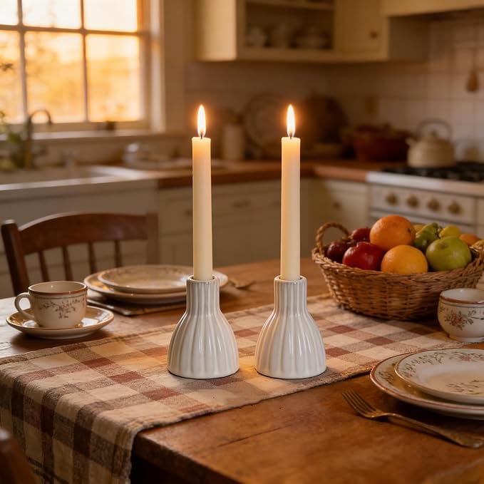 Set of 2 Vintage Ribbed Ceramic Taper Candle Holders, Distressed White Farmhouse Candlestick Stands for Tabletop, Mantel & Shelf Decor