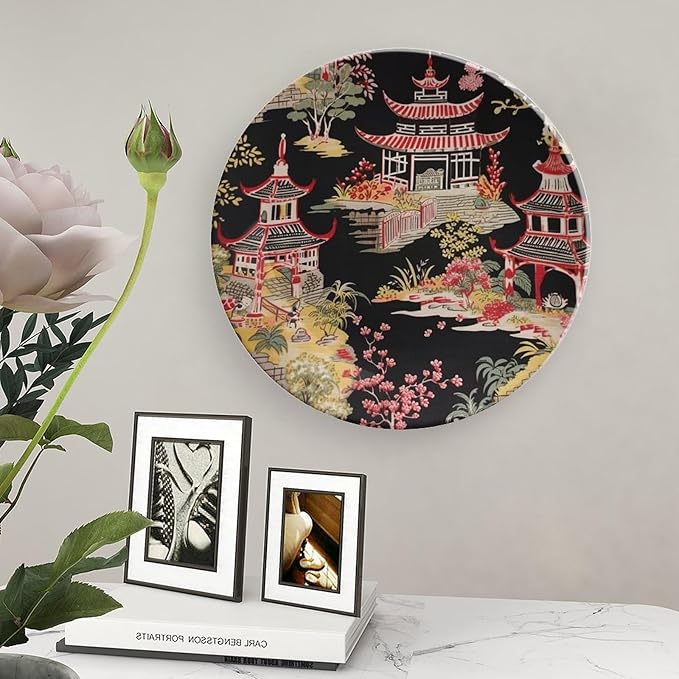Chinoiserie Charcoal Coral Pagoda Asian Ceramic Decorative Plate, Ancient China Chinoiserie Pagoda Customize Hanging Decorative Tiles for Display Household Home Decor, with 1 Display Stand Art Decor
