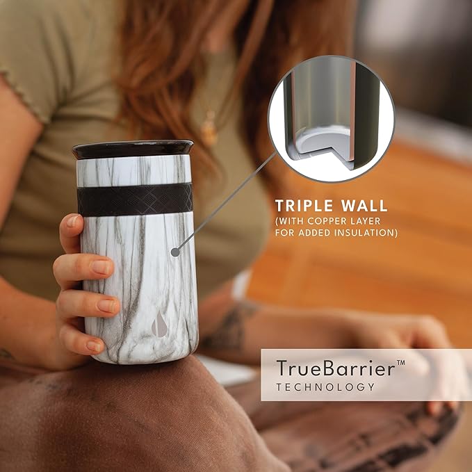 Elemental Artisan Insulated Tumbler, Triple Wall Coffee Travel Mug, Reusable Stainless Steel Coffee Tumbler with Ceramic Lid, Thermal Coffee Cups for Hot (6 Hrs) & Cold (18 Hrs), 12oz - White Marble