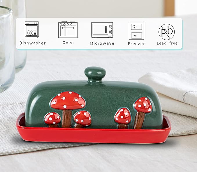 Mushroom Ceramic Butter Dish With Lid for Countertop - Red Container Tray, Large Covered