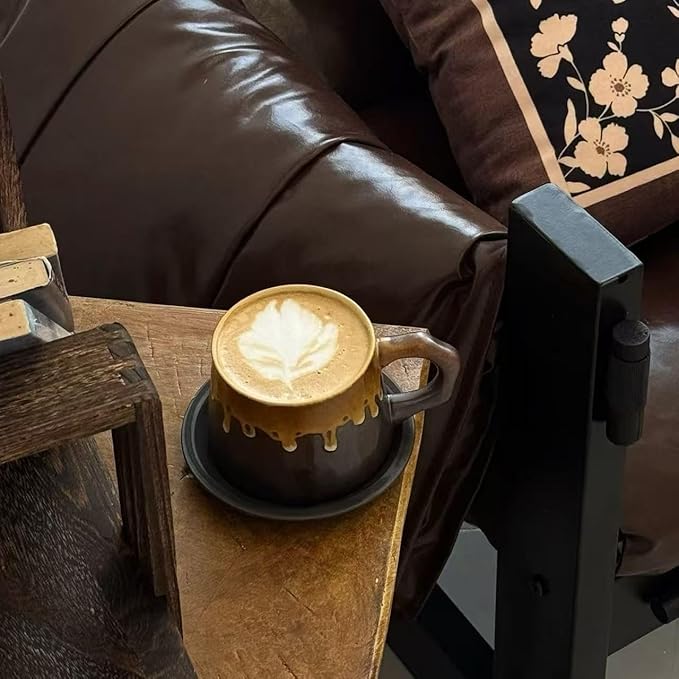10oz Vintage Retro Handmade Ceramic Cappuccino Cup with Saucer –Small Rustic Stoneware tea cup and saucer, Lead-Free Latte Art Mug,Handmade mug with saucer set, Microwave safe, Brown