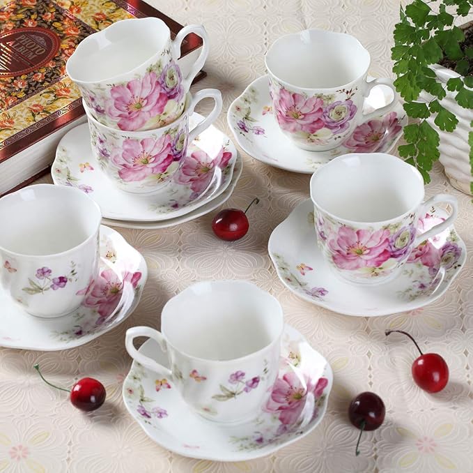 GuangYang 7 oz Porcelain Tea Cups and Saucers Set of 6, Pink Floral Design – Elegant Gift Set for Tea Lovers, Coffee, Cappuccino, Mocha, Weddings, Housewarming & Holidays