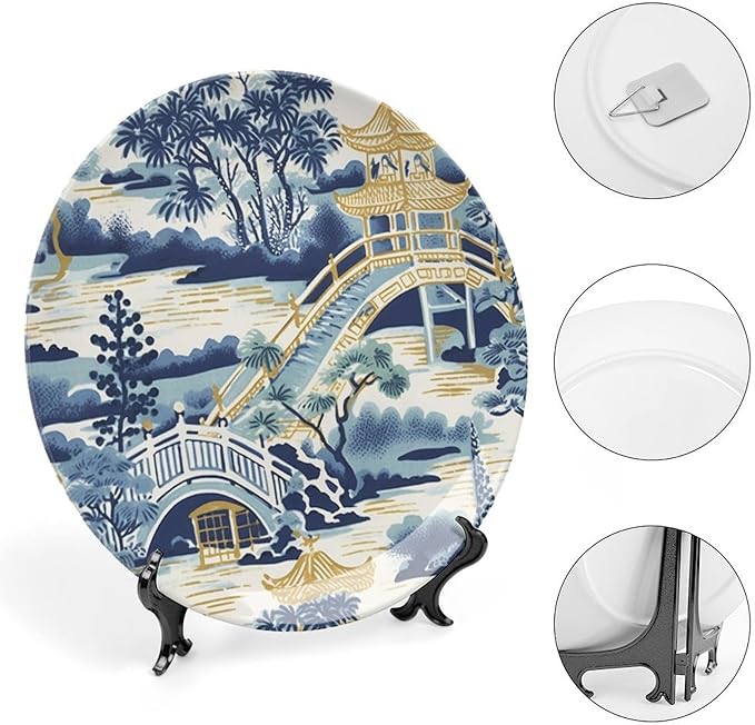 Vintage Plates Blue And White Chinoiserie Pagoda Ming Toile Asian Custom Decor for Display Farmhouse Home Art Decoration Ceramic Salad Plates Including Bracket And Special Hook, Gifts for Men Women