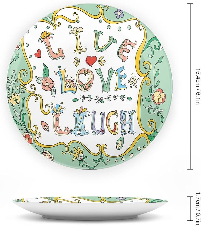 XISUNYA 10 Inch Decorative Plate, Live Laugh Love Decor Dinner Plate, Ornate Doodle Wreath Inspiring Quote Print Ceramic Wall Hanging Decor Accessory for Dining Table Tabletop Home Decor, Multicolor