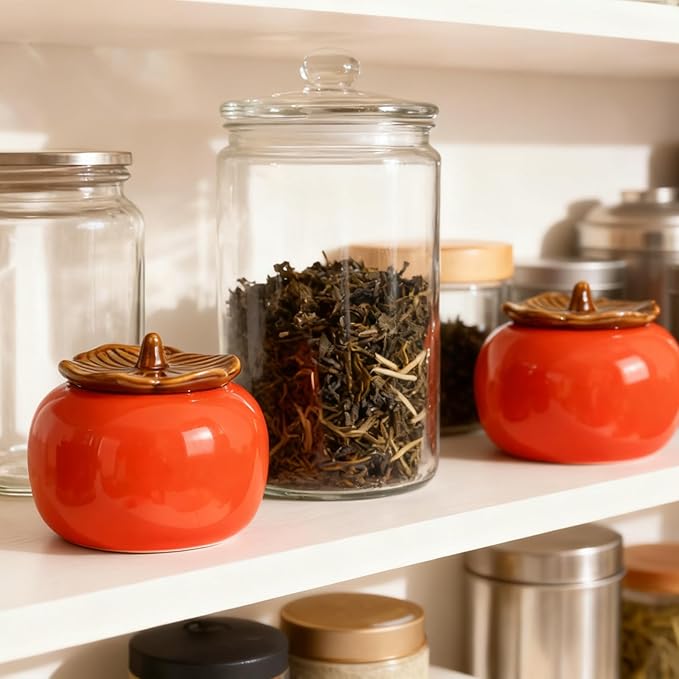 2-Pack Tea Canisters-Orange Ceramic Canisters with Airtight Lid - Beautiful Kitchen Storage for Loose Leaf Tea, Coffee, Sugar, Spices, Cookies