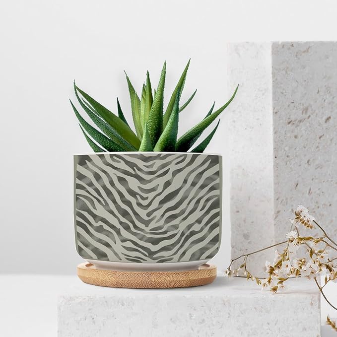 Tiger Fur Skin Planter Ceramic Animal Strip Print Round Plant Pots with Drainage Holes and Bamboo Tray Pot for Home Office Decoration