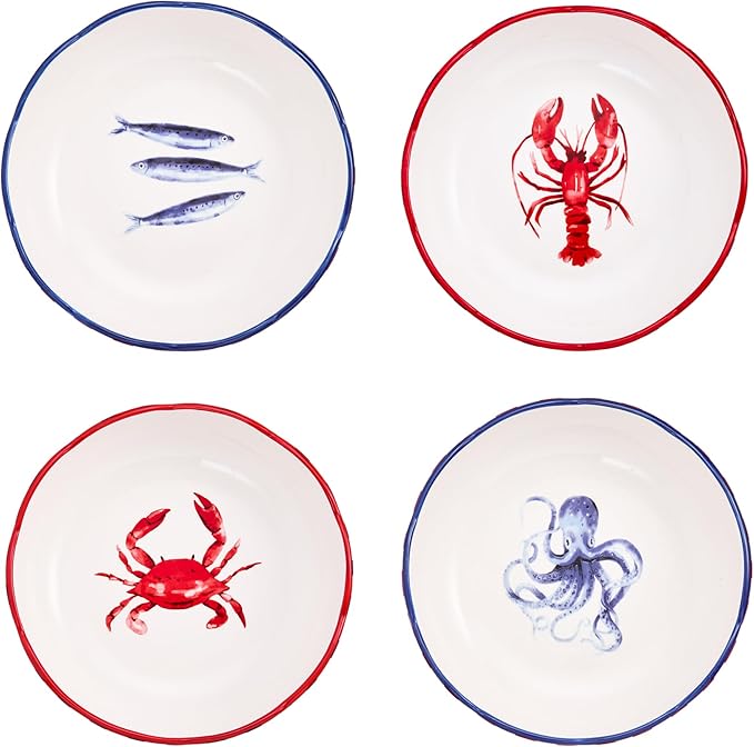 Bico Ocean Wonders Scalloped Pasta Bowls, 36oz Salad Bowl Set of 4, Large Ceramic Serving Dinner Bowls for Soup and Cereal, Microwave and Dishwasher Safe, Gift for Housewarming and Holiday