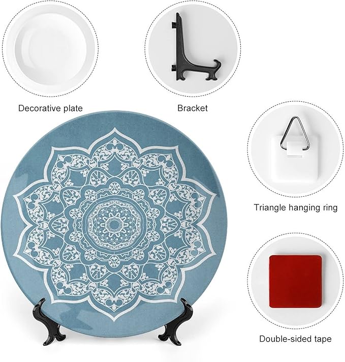 7 Inch Decorative Plate, Lotus Ceramic Plate, Cultural Universe Symbol Floral Mandala with Lace Boho Print Ceramic Wall Hanging for Fine Dining Upscale Events, Dinner Parties, Weddings, Catering