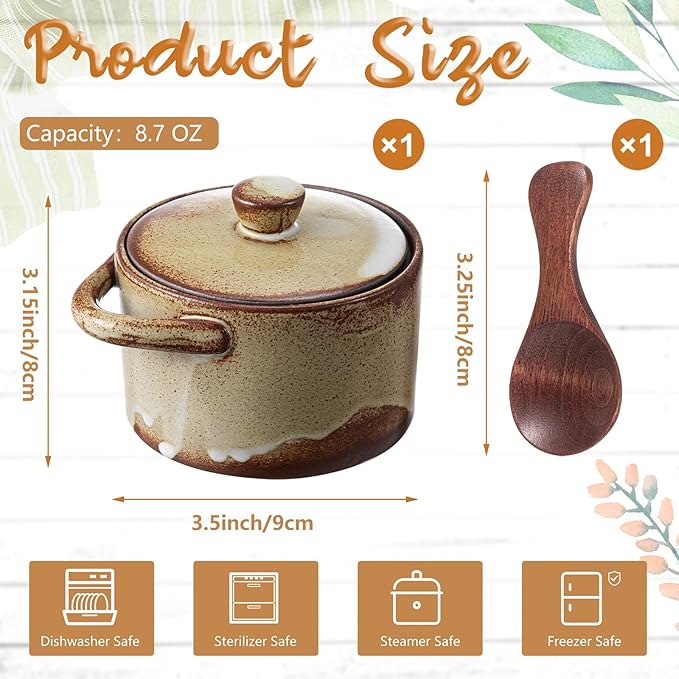 Honeydak Speckled Ceramic Salt Cellar with Lid and Wooden Spoon, Rustic Farmhouse Salt Pepper Cellar Holder for Valentines Day,Housewarming Gift, Heavyweight Spices Jar(Retro Color,1 Set)