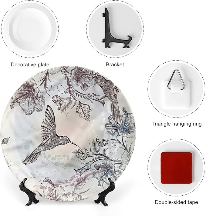XISUNYA 6 Inch Decorative Plate, Hummingbird Ceramic Stoneware, Birds Hibiscus Flowers Print Ceramic Wall Hanging Decor Accessory for Dining Table Tabletop Home Decor