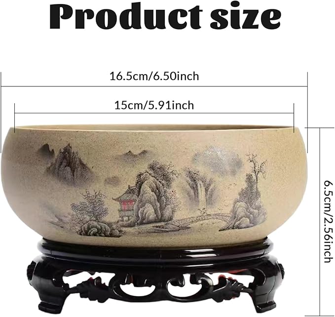 Shallow Planter|Ceramic Planter Round Decorative Chinese Style Bowl Planter with Base Gardening Desktop Ink Painting Outdoor/Indoor Large Planter Pots for Patio Balcony Home