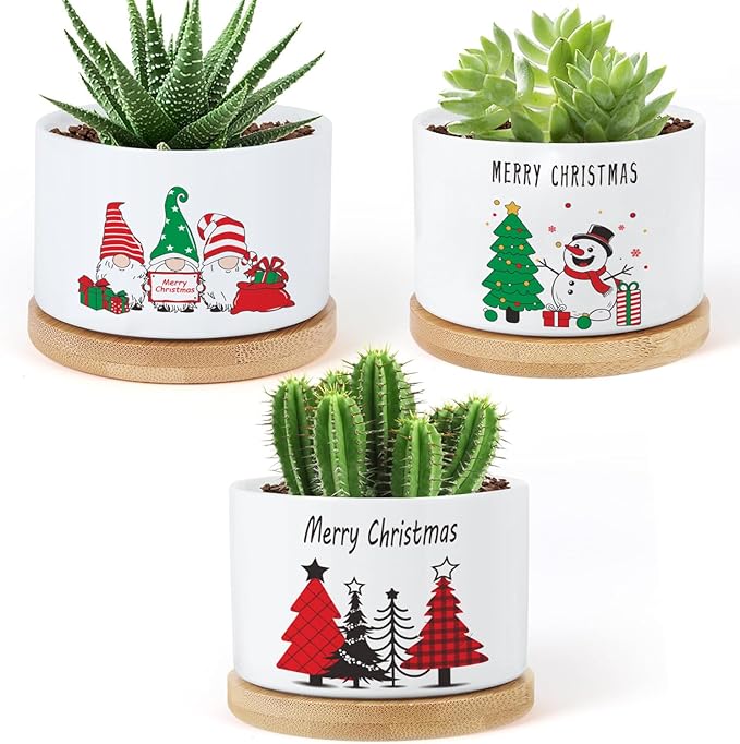 Ceramic Plant Pots,Funny Gifts for Women,for House Plants Garden Planters Succulent Pots, with Drainage Holes (White-Christmas)