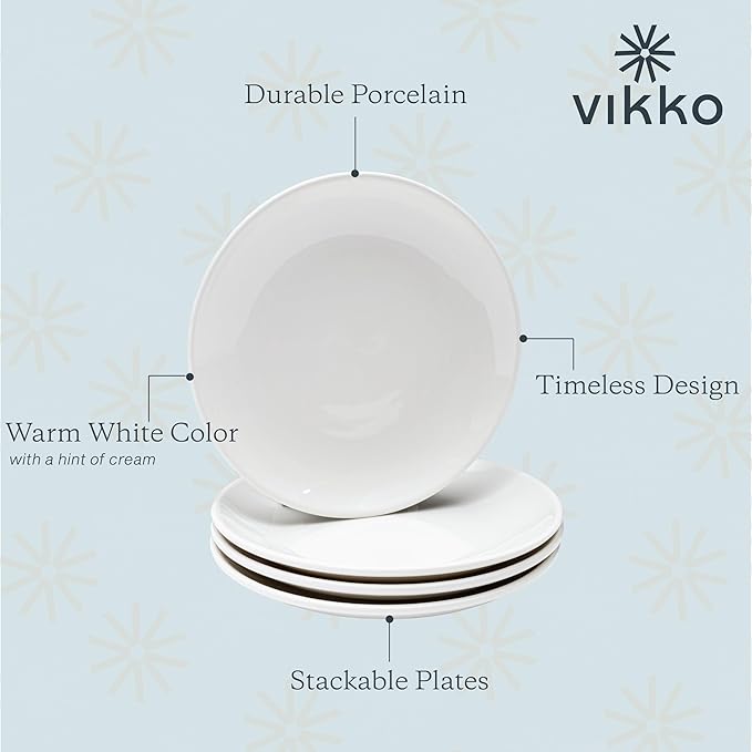 Vikko Dessert Plate, Set of 6 White Plates, Fine Porcelain, Stackable 7 Inch Dessert Plates, Dishwasher Safe, 7/'' Dessert Plate