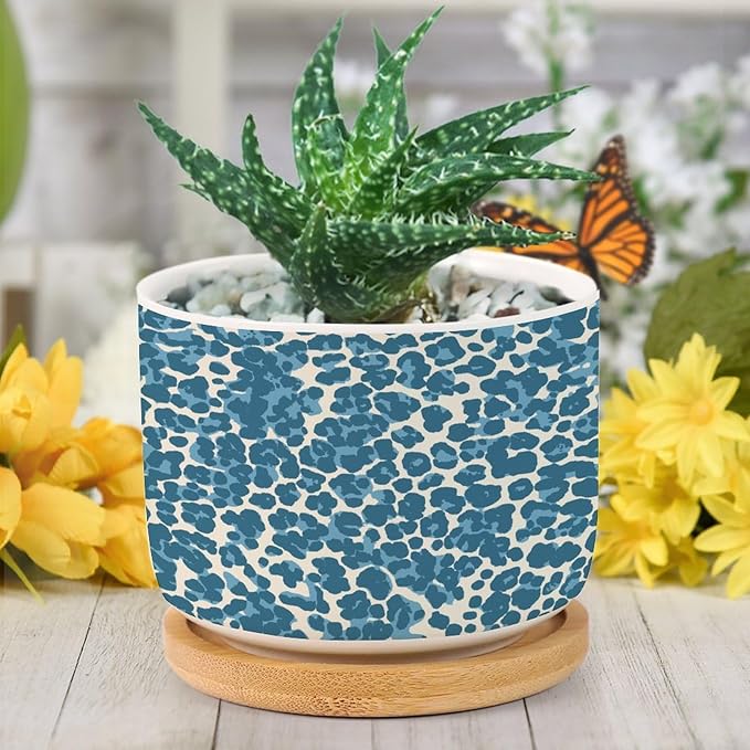 Leopard Blue and Beige Ceramic Planters African Tribal Animal Print Snake Plant Live Indoor with Pot with Drainage Holes and Saucers Pot for Succulents Cactus Garden Windowsill
