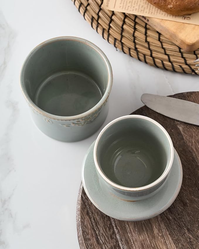XELA Ceramic Butter Dish - French Butter Crock With Water Line - Keeps Your Butter Fresh and Spreadable - Vintage Turquoise