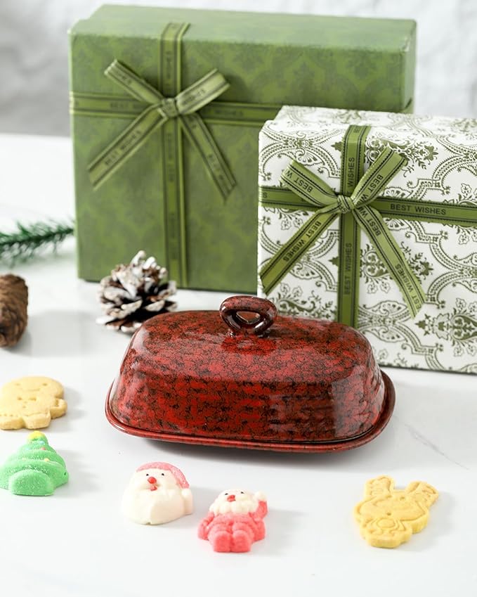 Hasense Butter Dish with Lid for Countertop and Refrigerator, Ceramic Butter Holder Container with Handle Cover, Porcelain Butter Tray Perfect for East West Coast Butter Stick, Dishwasher Safe, Red