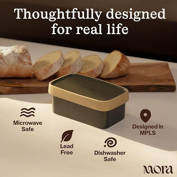 Mora Ceramic Two-in-One Butter Dish with Lid, Covered Butter Crock Container to Leave on Countertop - Large Storage Keeper/Holder for Kitchen, Gifts for Her, Butter Tray For Counter - Oat