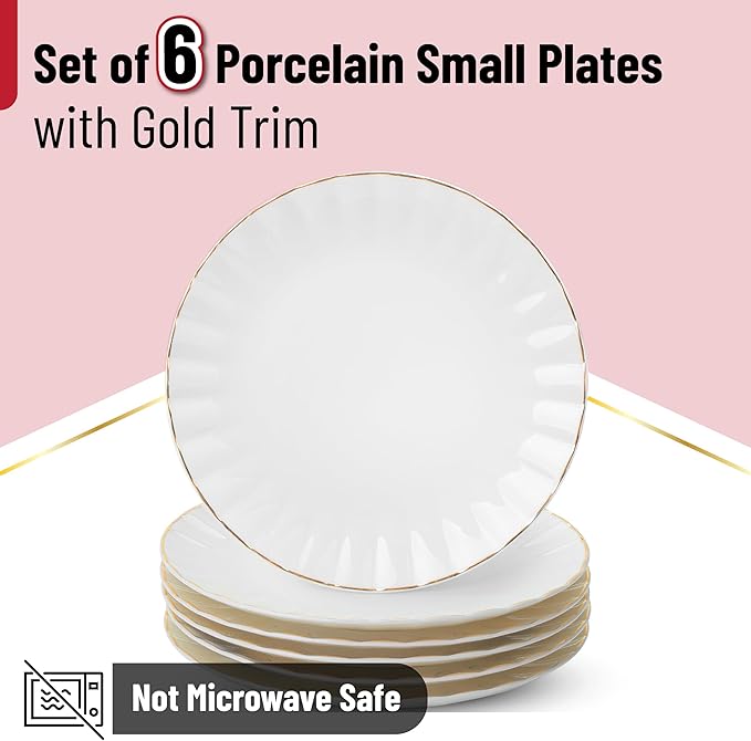 BTaT- White Dessert Plates, Set of 6, 8 inch, White Porcelain with Gold Trim, Small Plate, Small Appetizer Plates