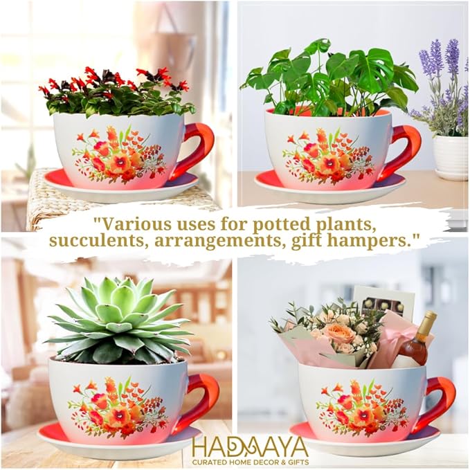 7.5" Round Ceramic Teacup Shape Planter Pot with Saucer for Succulents Orchids Herbs Cactus Indoor Houseplants Flowers for Valentines Day Gift – Orange Poppy Floral