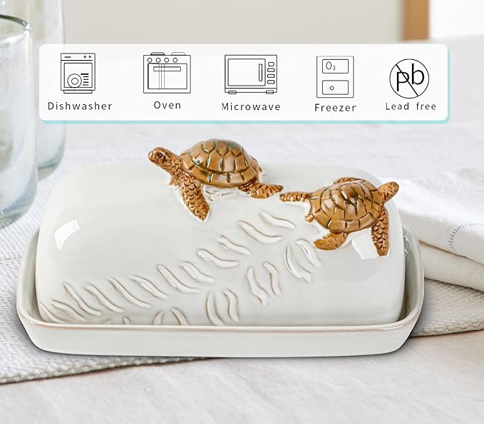 Turtle Stylish Ceramic Butter Dish Covered with Lid and Handle - Modern Countertop Butter Storage