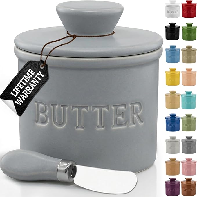 PriorityChef Butter Crock with Lid with Water Line,Ceramic French Butter Dish to Leave On Counter, Nimbus Cloud