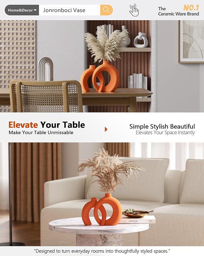 Set of 2 Orange Ceramic Vases for Home Decor Accents - Unique Hollow Donut Artistic Design Mid-Century Modern Eclectic Fall Style Decorative Vases for Shelf, Mantel, Entryway Table Decor(Matte Orange)