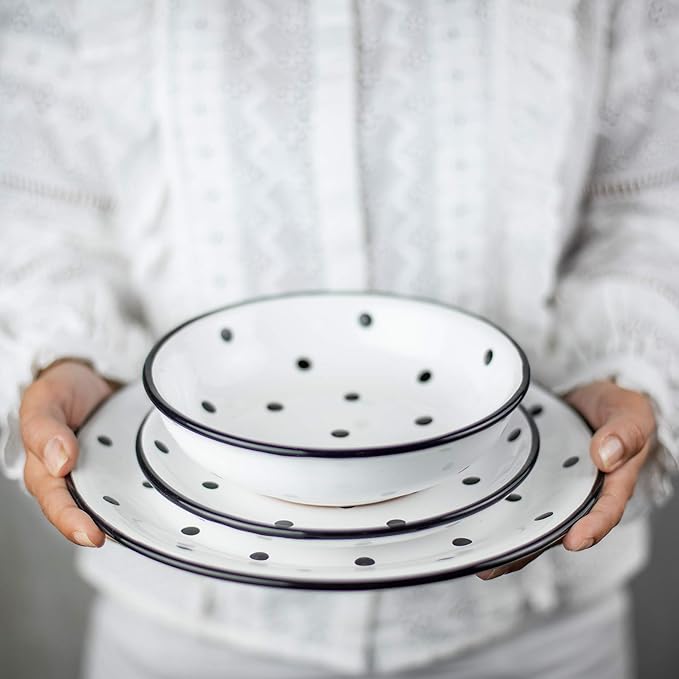 City to Cottage Handmade White And Black Pottery Polka Dot Glazed 7.3inch/18.5cm, 14oz/400ml Salad, Pasta, Fruit, Cereal, Soup Bowl | Unique Ceramic Dinnerware, Housewarming Gift