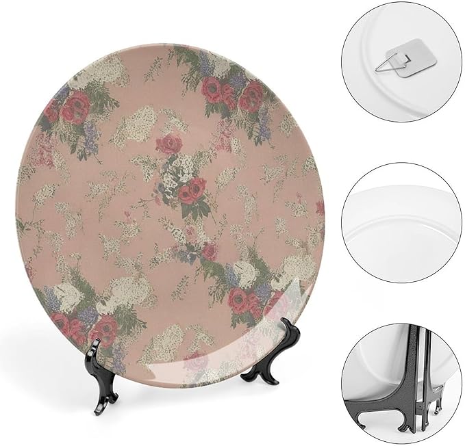 Home Decorations Decorative Plate, French Garden Thibaut Floral Coral Custom Christmas Gifts Wall Hanging Decoration for Table Home Wedding Decor, Unique Art with Stand