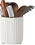 HASENSE Utensil Holder, 7.3” x 6.2” Farmhouse Utensil Holder for Kitchen Countertop, Ceramic Cooking Utensil Crock, Kitchen Utensil Organizer for Wedding Gift, Spatula Holder for Counter, White