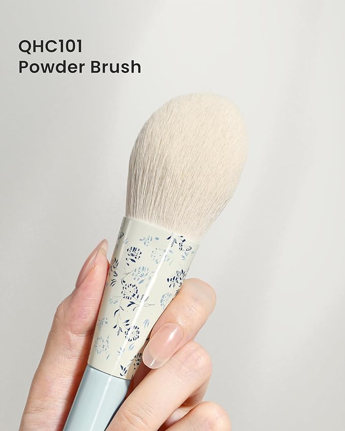 Indigo Artisan Series Powder Brush - Blue Handle with Chinese Porcelain Ferrule, Ultra-Soft Nylon Bristles for Loose/Pressed Powder, Full-Size Face Makeup Brush for Airbrush Finish (QHC 101)