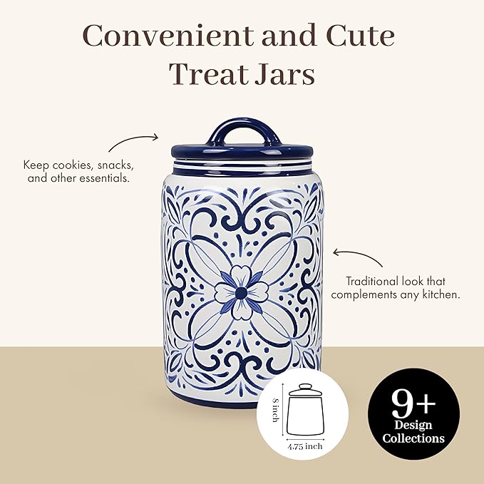 Young's Inc Ceramic Blue and White Talavera Treat Jar with Silcione Seal, 8 Inch Decorative Farmhouse Canister for Kitchen, Countertop, Storage Jar for Cookies, Tea, Sugar, Candy
