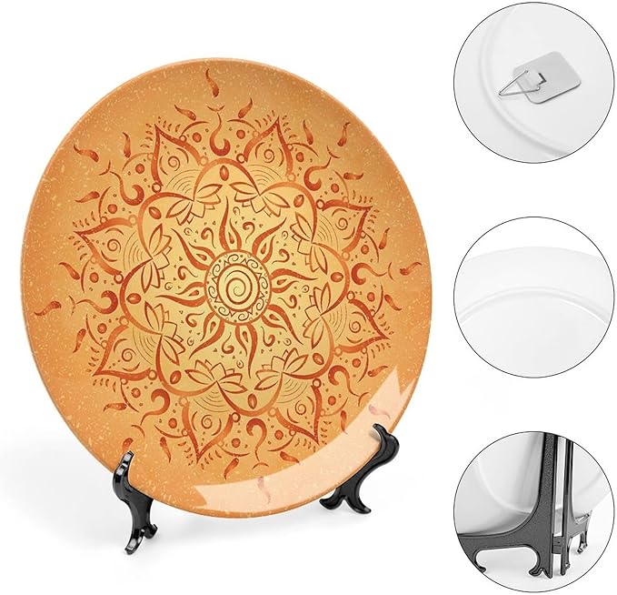 10 Inch Decorative Plate, Lotus Ceramic Stoneware, African Tribal Sun Pattern Primitive Figures Icon Print Ceramic Wall Hanging Decor Accessory for Dining Table Tabletop Home Decor, Dark Orange