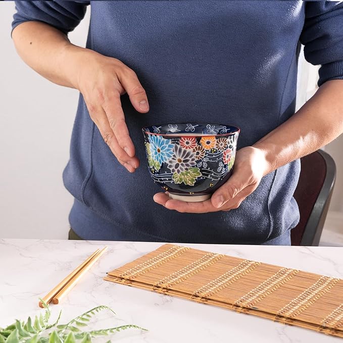 Urban Tokyo Handpainted Ceramic Glazed Japanese Ramen Udon Noodle Rice Bowl With Chopsticks 20 fl oz 5 inch Diameter Bowl Sets Color Box Packaging (Floral Assortment)