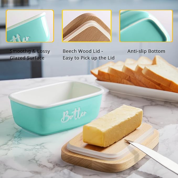 ALELION Turquoise Ceramic Butter Dish with Lid - Turquoise Kitchen Decor & Teal Kitchen Accessories for Countertop - Butter Keeper Container with Thick Beech Wood Lid - Cute Modern Farmhouse Decor