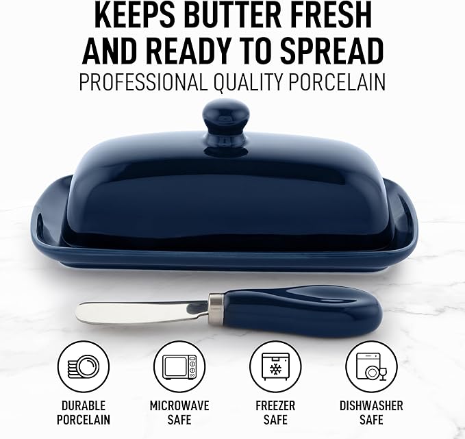 Zulay Butter Dish With Lid For Countertop - Porcelain Blue, Ceramic Butter Dish with Knob Handle Great for Cooking - Elegant Design Butter Holder - Durable & Sturdy Butter Keeper - Dark Blue