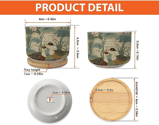 and Duck Garden Small Ceramics Pots for Plants Set of 2 Green Water Lily Chinoiserie Flower Ceramics Plant Pot with Drainage Bamboo Trays Chinoiserie Chic Planter for Succulents