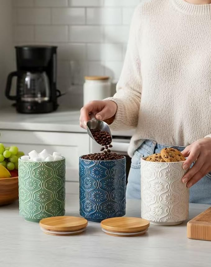 TEATALK Ceramic Canister with Airtight Lid, Perfect for Coffee, Sugar, Tea Storage, 23 Fl Oz, Green