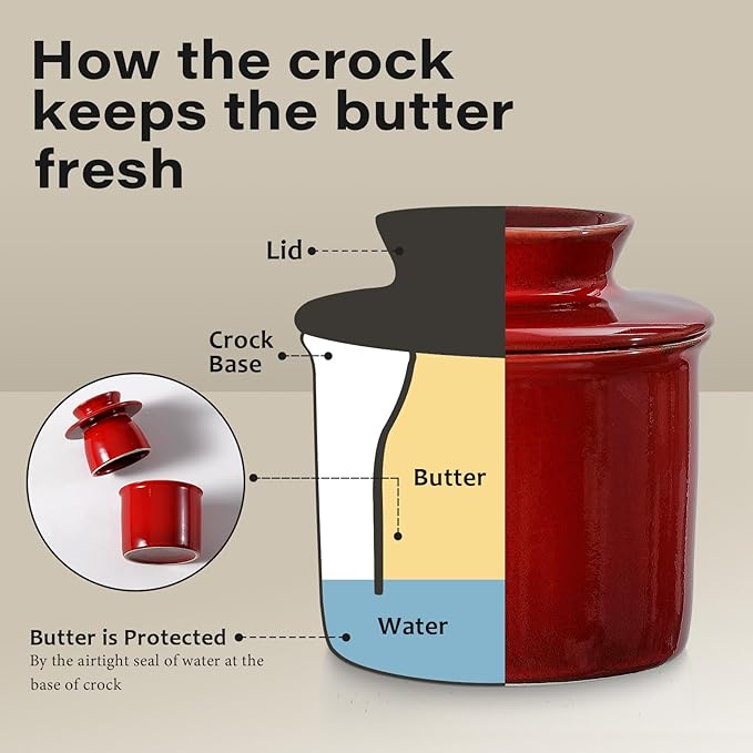 Red French Butter Dish，Handmade Reactive Glaze Ceramic Butter Crock with Water Line for Speradable Fresh Butter
