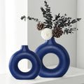Blue Ceramic Donut Vase Set of 2, Hollow Round Matte Pampas Flower Vases for Boho Home Wedding Party Room Dinner Table Shelf Decor.（Blue）