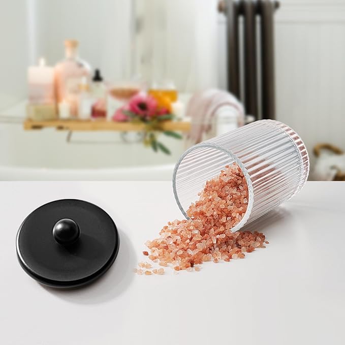 SheeChung 1-Pack Black Ribbed Glass Qtip Holder - Apothecary Jar Bathroom Organizer with Metal Lid - Small Vanity Canister for Cotton Swabs, Rounds, Floss Picks - Modern Luxury Decor