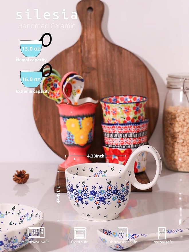 silesia Handmade Loop Handle Soup Bowl, Plate and Spoon Set Ceramic Hand Painted Cereal Bowl Great for Soup, Ice cream, Snack, Stew in Gift Box, Dishwasher & Microwave Safe, Forget Me Not