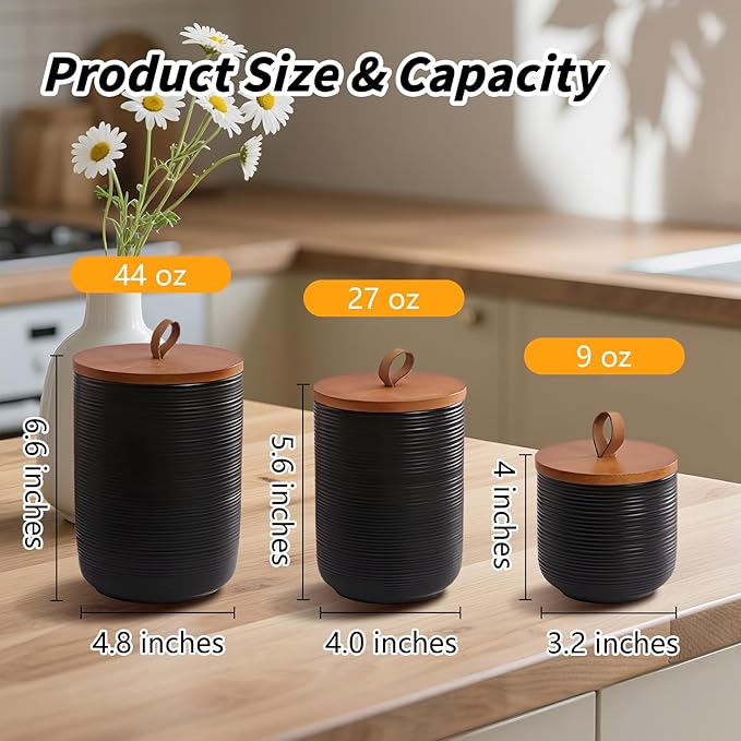 Food Storage Jar Strong Ceramic Storage Canisters with Airtight Wooden Lid,Kitchen Storage Containers for Serving Coffee Beans, Tea, Sugar, Salt, Spices (Little black 9 oz)