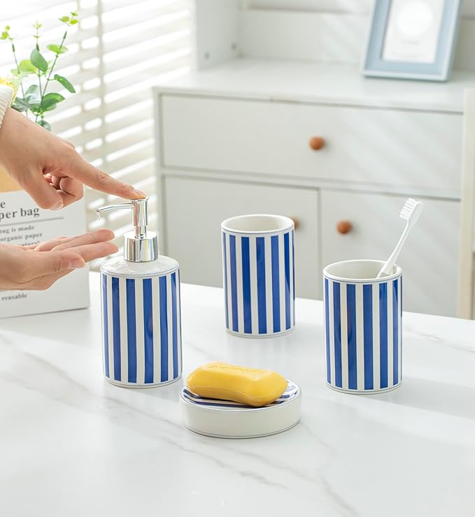 Blue and White Stripe Bathroom Accessories Set for countertop Include soap Dispenser Toothbrush Holder Tumbler and soap Dish Jewelry Holder Bathroom Container Set for Vanity Bath Set