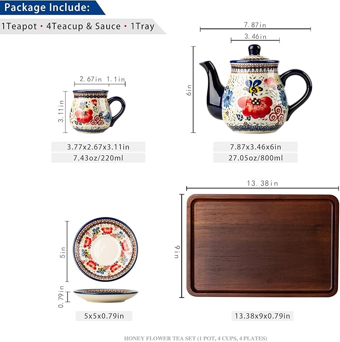 polish pottery style porcelain ceramic 10 piece Tea set,7.2oz tea cup and sauce set of 4,28.2oz teapot and 1wooden tray (Honey Bee Flower)