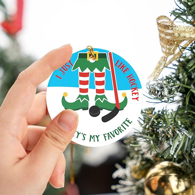 Ice Hockey Christmas Ornament -Round Ceramic 3", Holiday Tree Decoration Keepsake, Hockey Player for Boys Girls