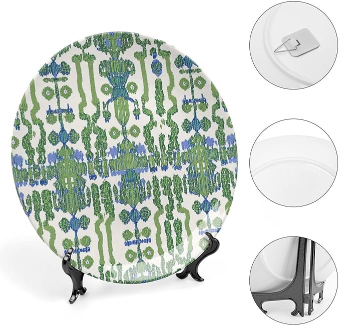 Green And Blue Ikat Plates Ceramic of 6", 7", 9", 10", Personalized Geometry Ikat Exotic Design Collector Plates, Display Farmhouse Decorations Table, 1 Plate with 1 Display Stand