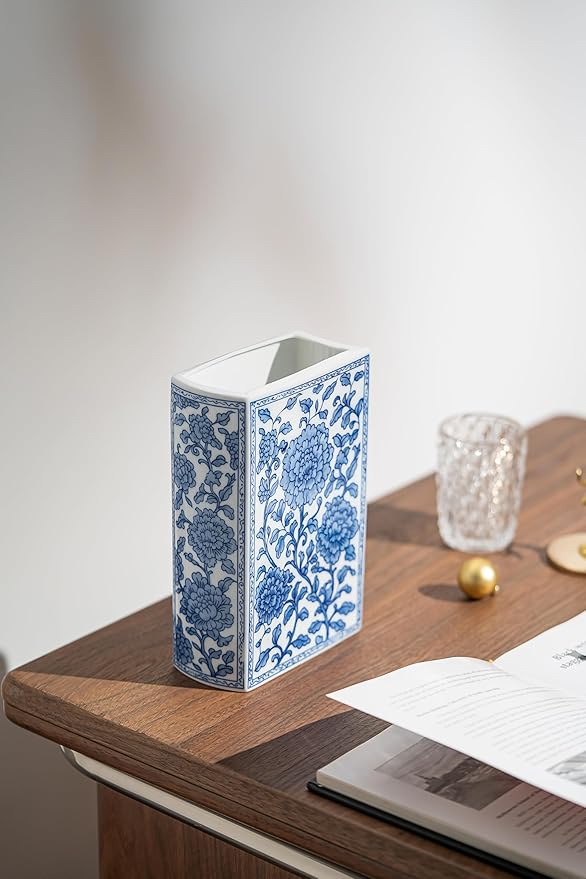 Blue and White Book Vase, Chinoiserie Ginger Jar Flower Vase for Home Decor Tabletop, Blue and White Porcelain Décor,8" H