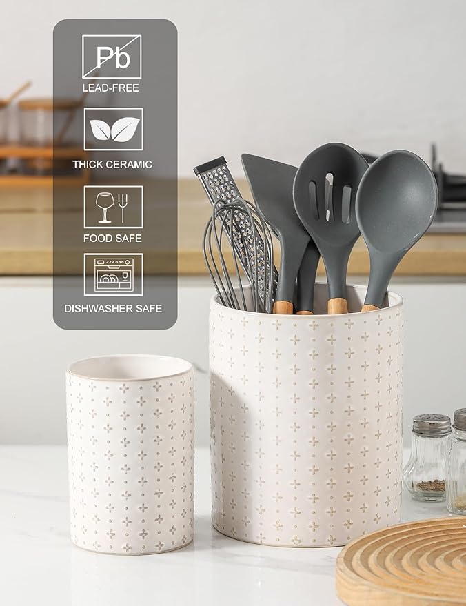 Kitchen Utensil Holder for Countertop, 7.1" + 5.3" Ceramic Cooking Utensil Holder Set of 2, Large Utensil Crocks, Morden Kitchen Tool Tolder for Spatula, Arctic White